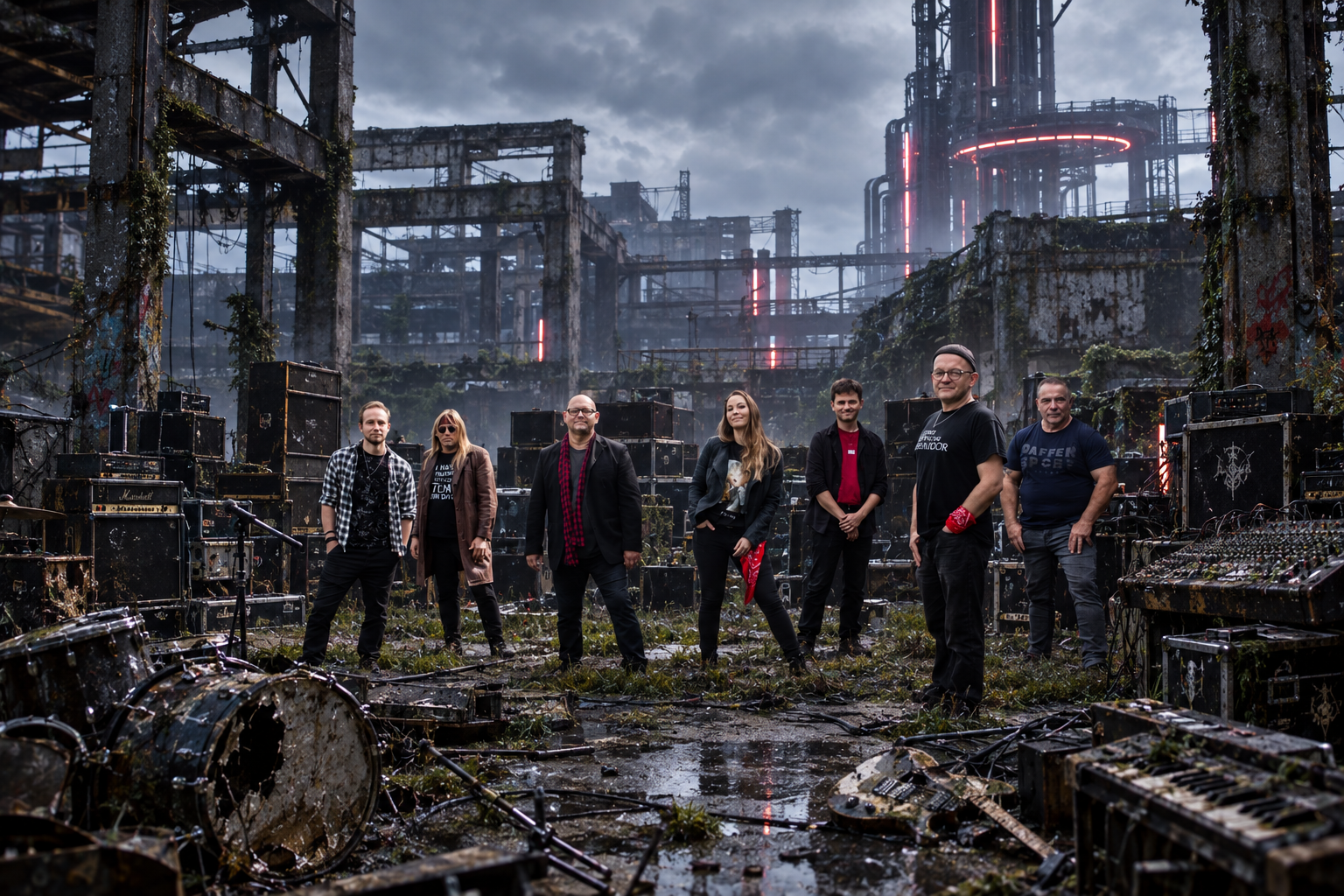 Artrock Project – The Band: seven musicians in an overgrown industrial ruin under a stormy sky, surrounded by stacks of amplifiers